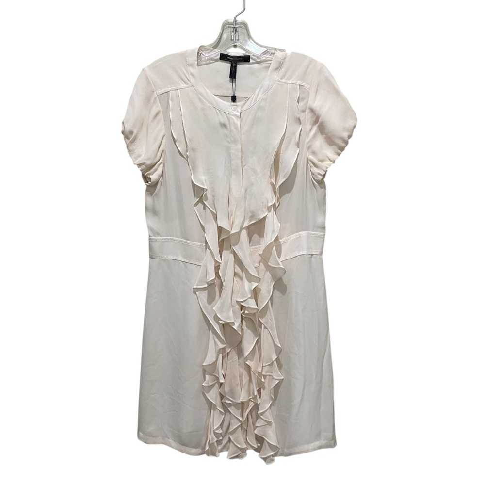 BCBGMAXAZRIA Silk Ruffle Front Short Sleeve Dress Off White Women’s Size Large